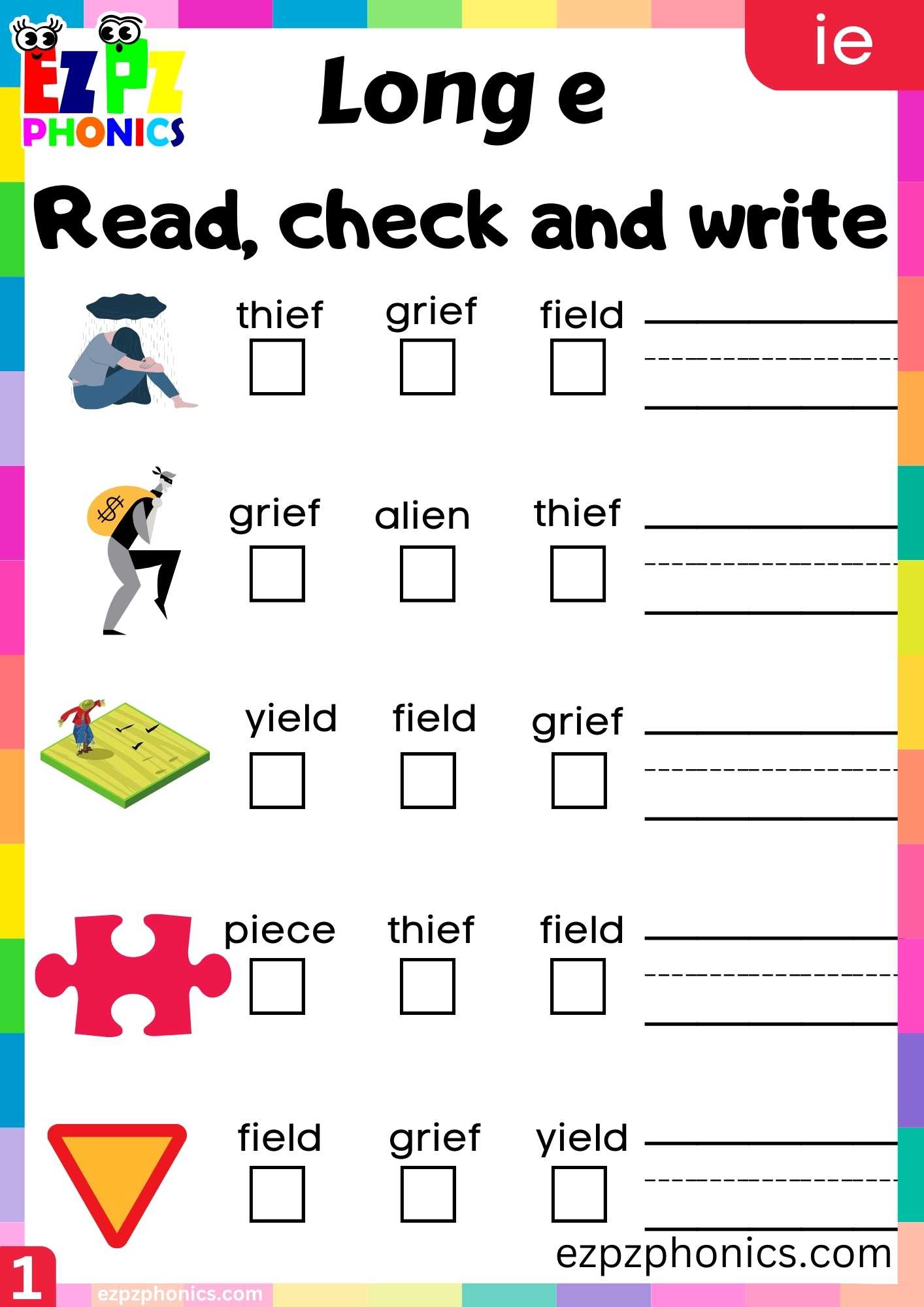IE Words Read, Check And Write Long E Phonics Worksheet